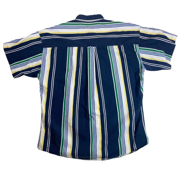 Chaps Ralph Lauren Men’s Striped Button Down Short Sleeve Navy Blue Shirt Large - Picture 2 of 8